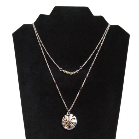 Colorful Seed Beaded and Silver Toned Sand Dollar Pendant Double Strand Necklace - Picture 1 of 9